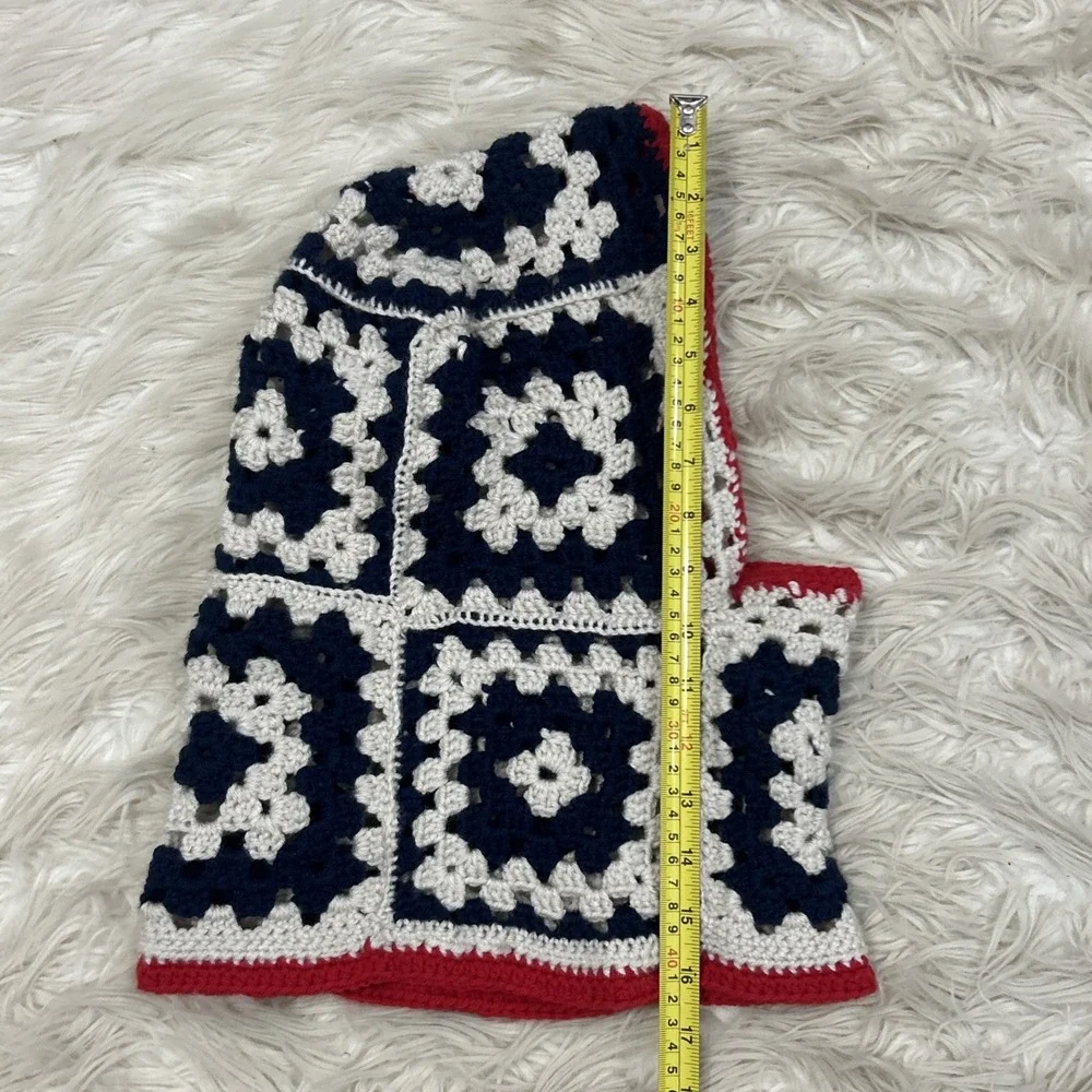 Crochet Balaclava Hood Handmade Granny Square Red White Blue USA Winter One Size